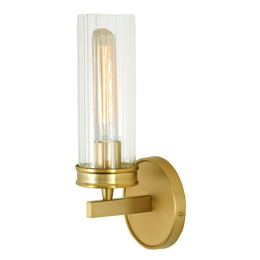 JVI Designs Hamilton Satin Brass 1-Light Wall Sconce With Cylinder-Shaped Ribbed Glass Shade