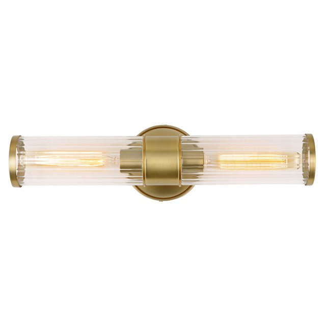 JVI Designs Hamilton Satin Brass Reversible Mounting 2-Light Wall Sconce With Cylinder-Shaped Ribbed Glass Shade