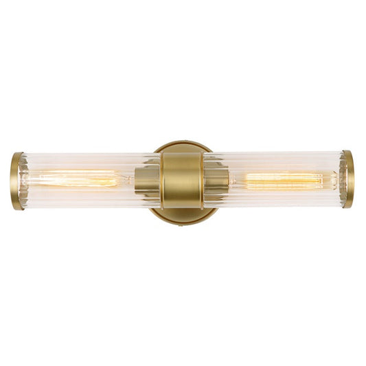 JVI Designs Hamilton Satin Brass Reversible Mounting 2-Light Wall Sconce With Cylinder-Shaped Ribbed Glass Shade