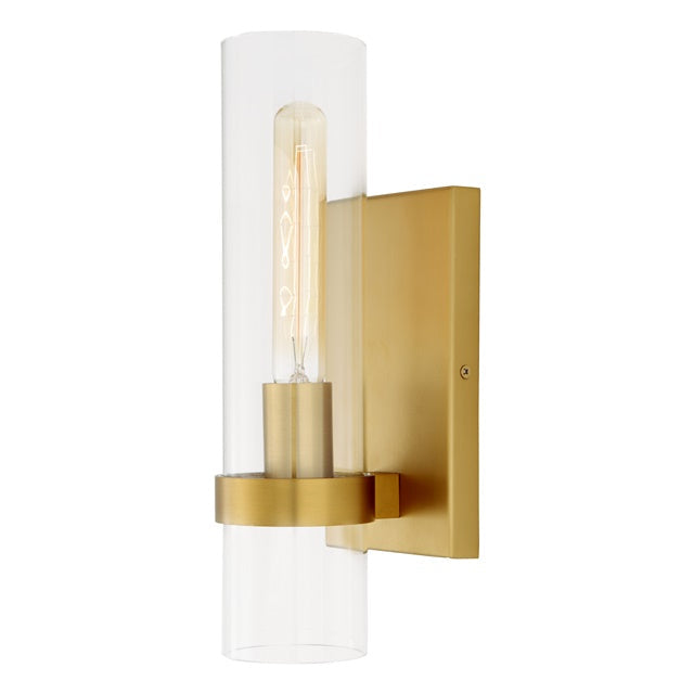 JVI Designs Highland Satin Brass 1-Light Wall Sconce With Cylindrical Clear Glass Shade