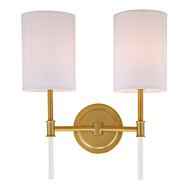 JVI Designs Hudson Satin Brass 2-Light Wall Sconce With Cylinder-Shaped White Fabric Shade