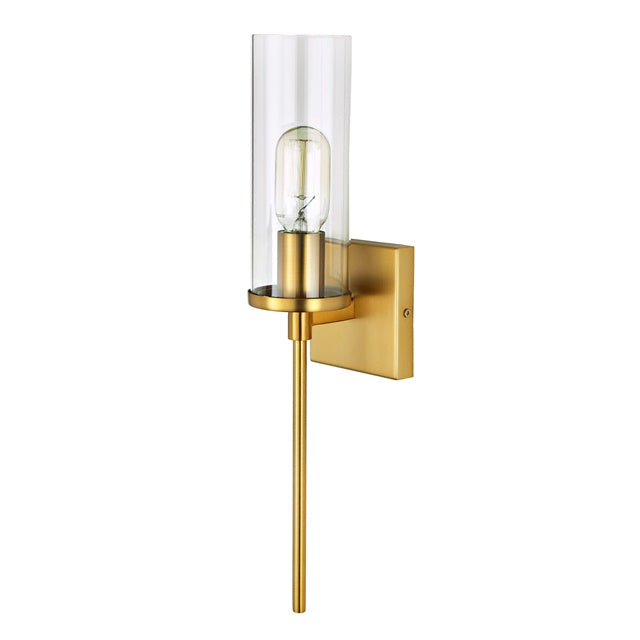 JVI Designs Kent Satin Brass 1-Light Wall Sconce With Cylindrical Clear Glass Shade