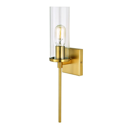 JVI Designs Kent Satin Brass 1-Light Wall Sconce With Cylindrical Clear Glass Shade
