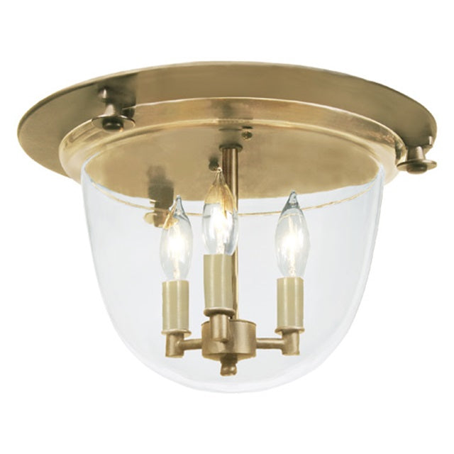 JVI Designs McLean Satin Brass Small Classic Flush Mount Lighting With Clear Mouth Blown Glass Shade