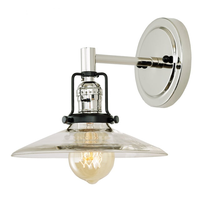 JVI Designs Nob Hill Ashbury Polished Nickel & Black 1-Light Wall Sconce With Cone-Shaped Clear Glass Shade