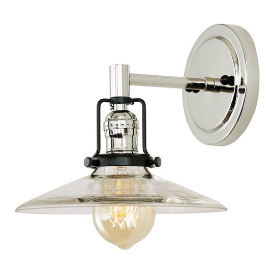 JVI Designs Nob Hill Ashbury Polished Nickel & Black 1-Light Wall Sconce With Cone-Shaped Clear Glass Shade