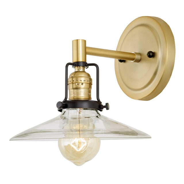 JVI Designs Nob Hill Ashbury Satin Brass & Black 1-Light Wall Sconce With Cone-Shaped Clear Glass Shade