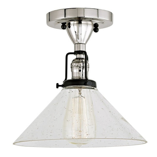 JVI Designs Nob Hill Bailey Polished Nickel & Black 1-Light Flush Ceiling Mount Lighting With Cone-Shaped Clear Seedy Glass Shade