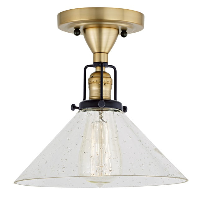 JVI Designs Nob Hill Bailey Satin Brass & Black 1-Light Flush Ceiling Mount Lighting With Cone-Shaped Clear Seedy Glass Shade