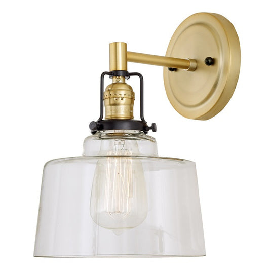 JVI Designs Nob Hill Buffy Satin Brass & Black 1-Light Wall Sconce With Bowl-Shaped Clear Glass Shade