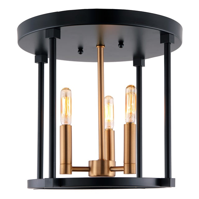 JVI Designs Roxhill Satin Brass & Black 3-Light Cylinder Flush Ceiling Mount