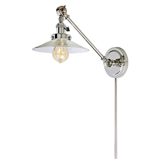 JVI Designs Soho Ashbury Polished Nickel 1-Light Double Swivel Wall Sconce With Cone-Shaped Clear Glass Shade