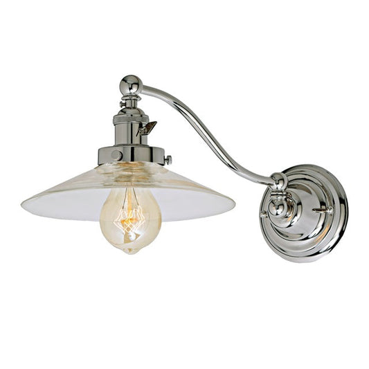 JVI Designs Soho Ashbury Polished Nickel 1-Light Half Swing Wall Sconce With Cone-Shaped Clear Glass Shade