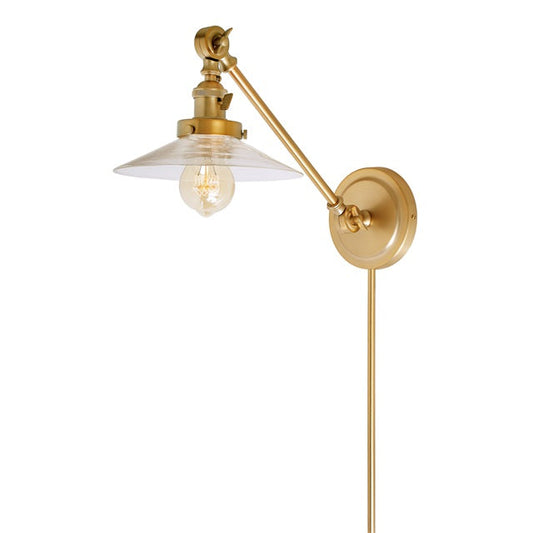 JVI Designs Soho Ashbury Satin Brass 1-Light Double Swivel Wall Sconce With Cone-Shaped Clear Glass Shade