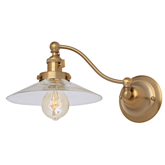 JVI Designs Soho Ashbury Satin Brass 1-Light Half Swing Wall Sconce With Cone-Shaped Clear Glass Shade