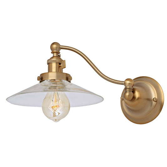 JVI Designs Soho Ashbury Satin Brass 1-Light Half Swing Wall Sconce With Cone-Shaped Clear Glass Shade