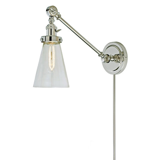 JVI Designs Soho Barclay Polished Nickel 1-Light Double Swivel Wall Sconce With Cone-Shaped Glass Shade