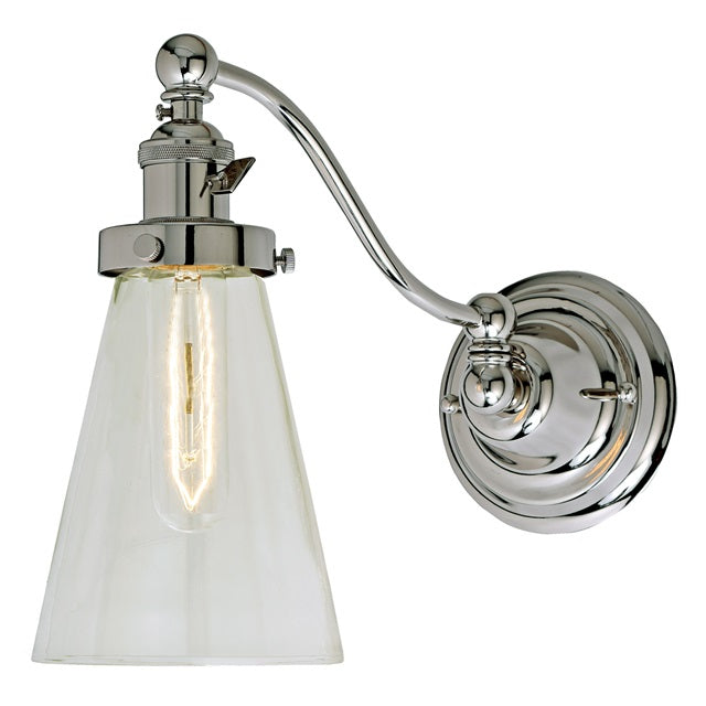 JVI Designs Soho Barclay Polished Nickel 1-Light Half Swing Wall Sconce With Cone-Shaped Clear Glass Shade
