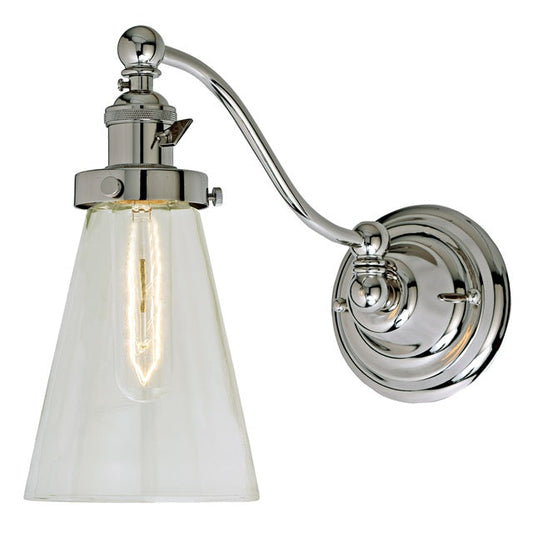 JVI Designs Soho Barclay Polished Nickel 1-Light Half Swing Wall Sconce With Cone-Shaped Clear Glass Shade