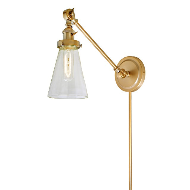 JVI Designs Soho Barclay Satin Brass 1-Light Double Swivel Wall Sconce With Cone-Shaped Glass Shade