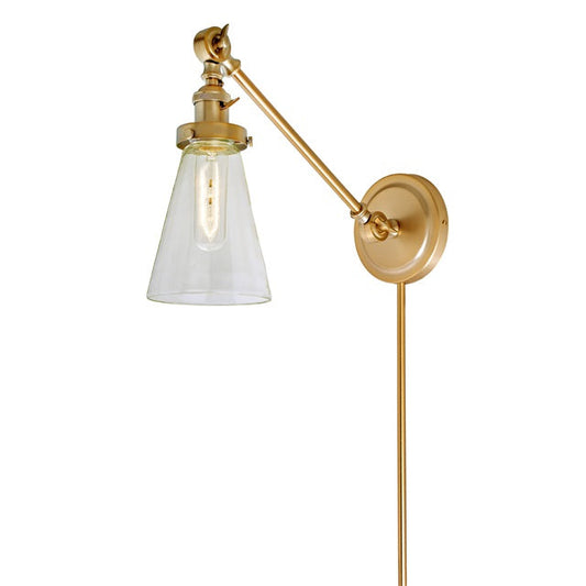 JVI Designs Soho Barclay Satin Brass 1-Light Double Swivel Wall Sconce With Cone-Shaped Glass Shade