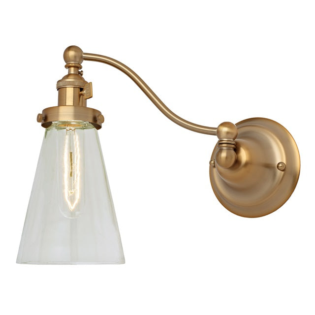JVI Designs Soho Barclay Satin Brass 1-Light Half Swing Wall Sconce With Cone-Shaped Clear Glass Shade