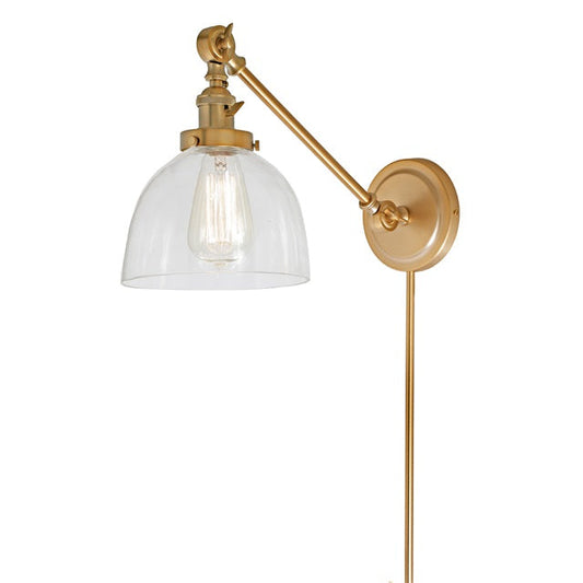 JVI Designs Soho Madison Satin Brass 1-Light Double Swivel Wall Sconce With Bell-Shaped Clear Glass Shade