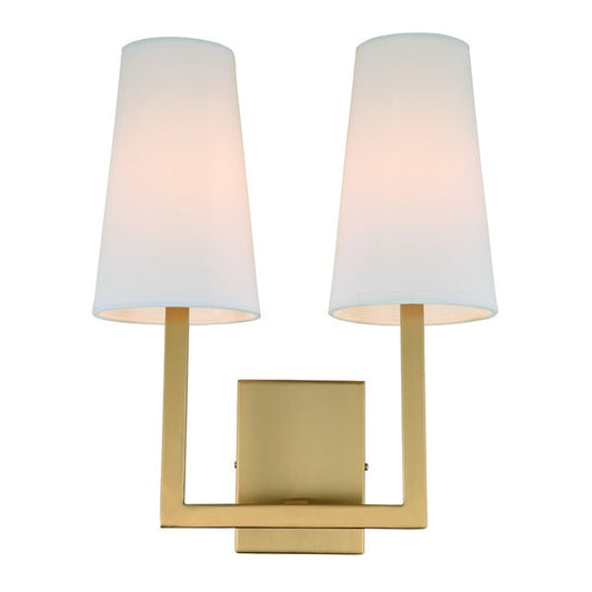 JVI Designs Sullivan Satin Brass 2-Light Wall Sconce With Coned-Shaped White Fabric Shade