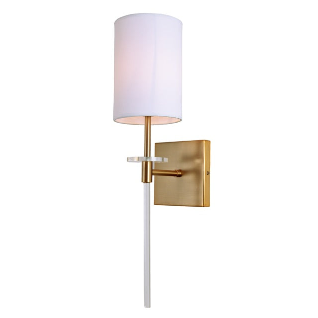 JVI Designs Sutton Satin Brass 1-Light Wall Sconce With Cylinder-Shaped White Fabric Shade