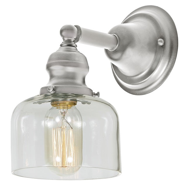JVI Designs Union Square Shyra Satin Nickel 1-Light Wall Sconce With Bell-Shaped Clear Glass Shade