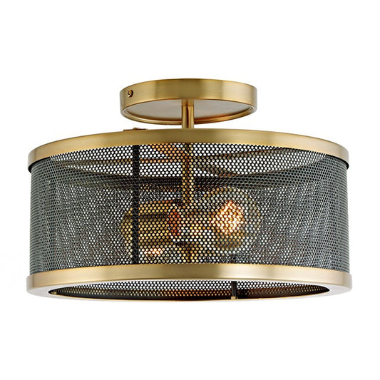 JVI Designs Wellington Satin Brass & Black 2-Light Semi-Flush Mount Lighting With Round Mesh Panel