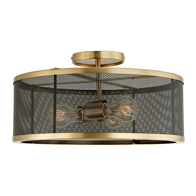 JVI Designs Wellington Satin Brass & Black 3-Light Semi-Flush Mount Lighting With Round Mesh Panel