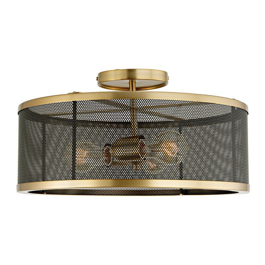 JVI Designs Wellington Satin Brass & Black 3-Light Semi-Flush Mount Lighting With Round Mesh Panel