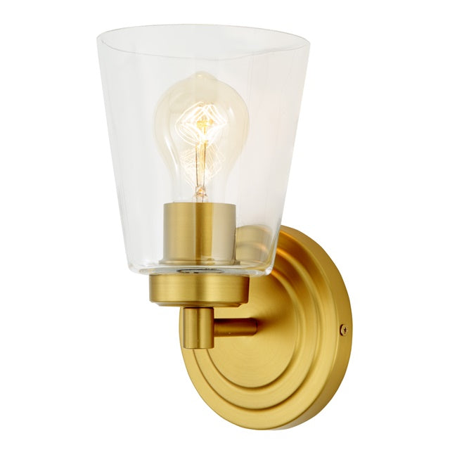 JVI Designs Wilshire Satin Brass 1-Light Wall Sconce With Coned-Shape Clear Glass Shade