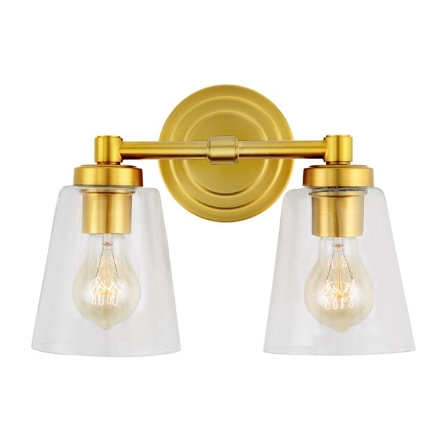 JVI Designs Wilshire Satin Brass 2-Light Wall Sconce With Coned-Shape Clear Glass Shade