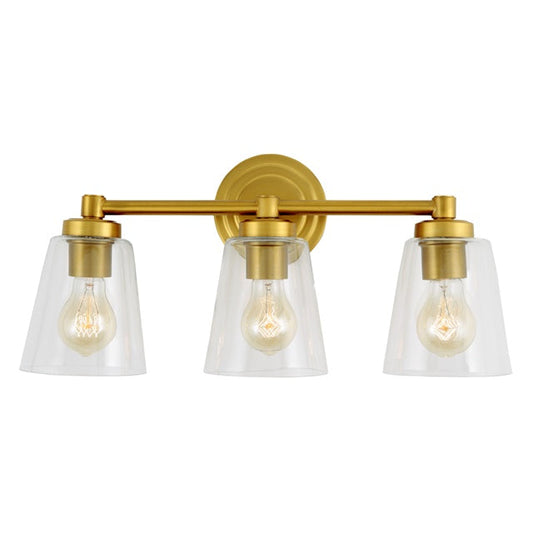 JVI Designs Wilshire Satin Brass 3-Light Wall Sconce With Coned-Shape Clear Glass Shade