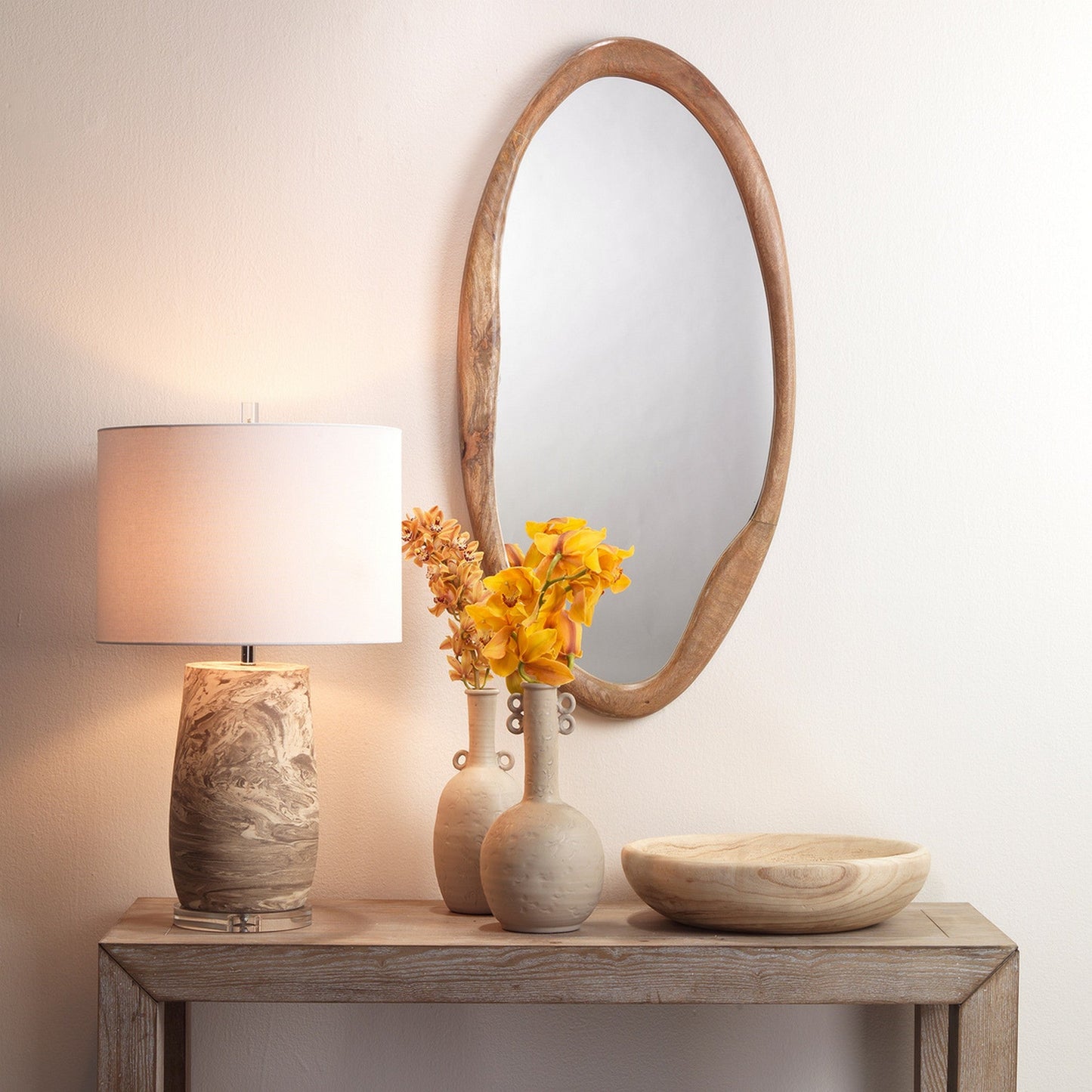 Jamie Young Aldrich 17" x 28" 1-Light Off-White Reactive Glaze Ceramic Table Lamp With White Linen Drum Shade