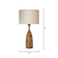 Jamie Young Amphora 15" x 31" 1-Light Natural Wood and Antique Brass Table Lamp With Off-White Linen Drum Shade