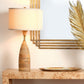 Jamie Young Amphora 15" x 31" 1-Light Natural Wood and Antique Brass Table Lamp With Off-White Linen Drum Shade