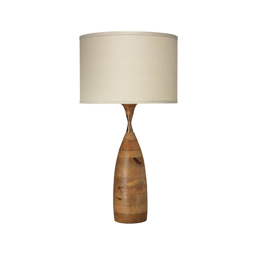 Jamie Young Amphora 15" x 31" 1-Light Natural Wood and Antique Brass Table Lamp With Off-White Linen Drum Shade