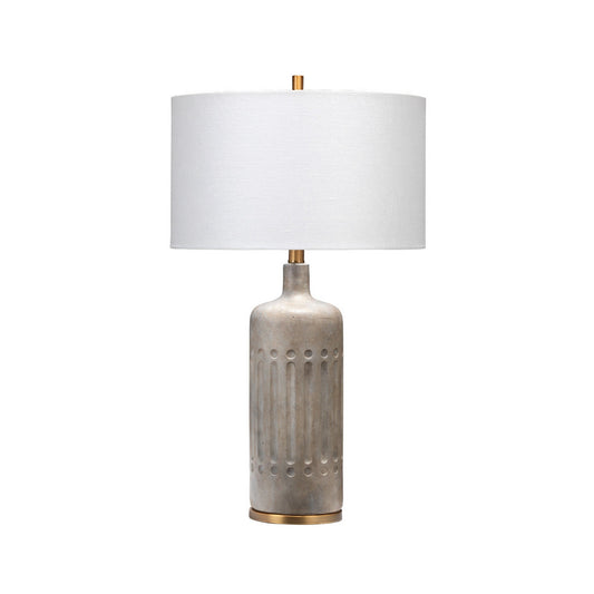 Jamie Young Annex 16" x 27" 1-Light Gray Cement and Antique Brass Metal Table Lamp With White Linen Drum Shade