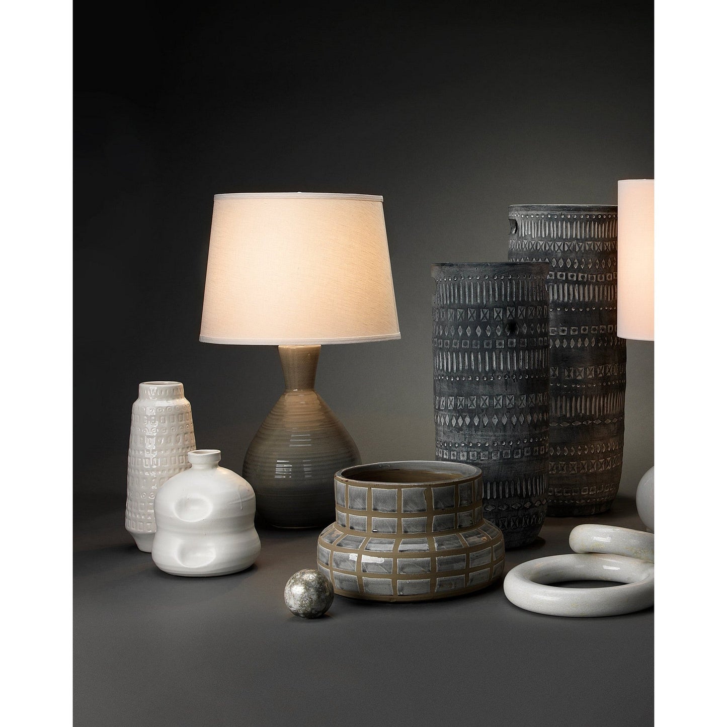 Jamie Young Ash 18" x 31" 1-Light Gray Crackle Glaze Ceramic Table Lamp With White Linen Cone Shade