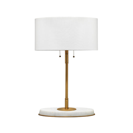 Jamie Young Barcroft 18" x 27" 2-Light Antique Brass and White Marble Table Lamp With Oval White Linen Shade