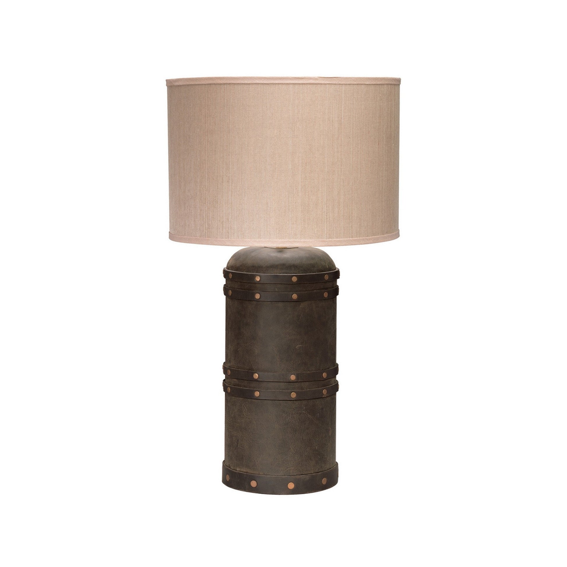 Jamie Young Barrell 17" x 29" 1-Light Vintage Leather Table Lamp With Hemp Drum Shade