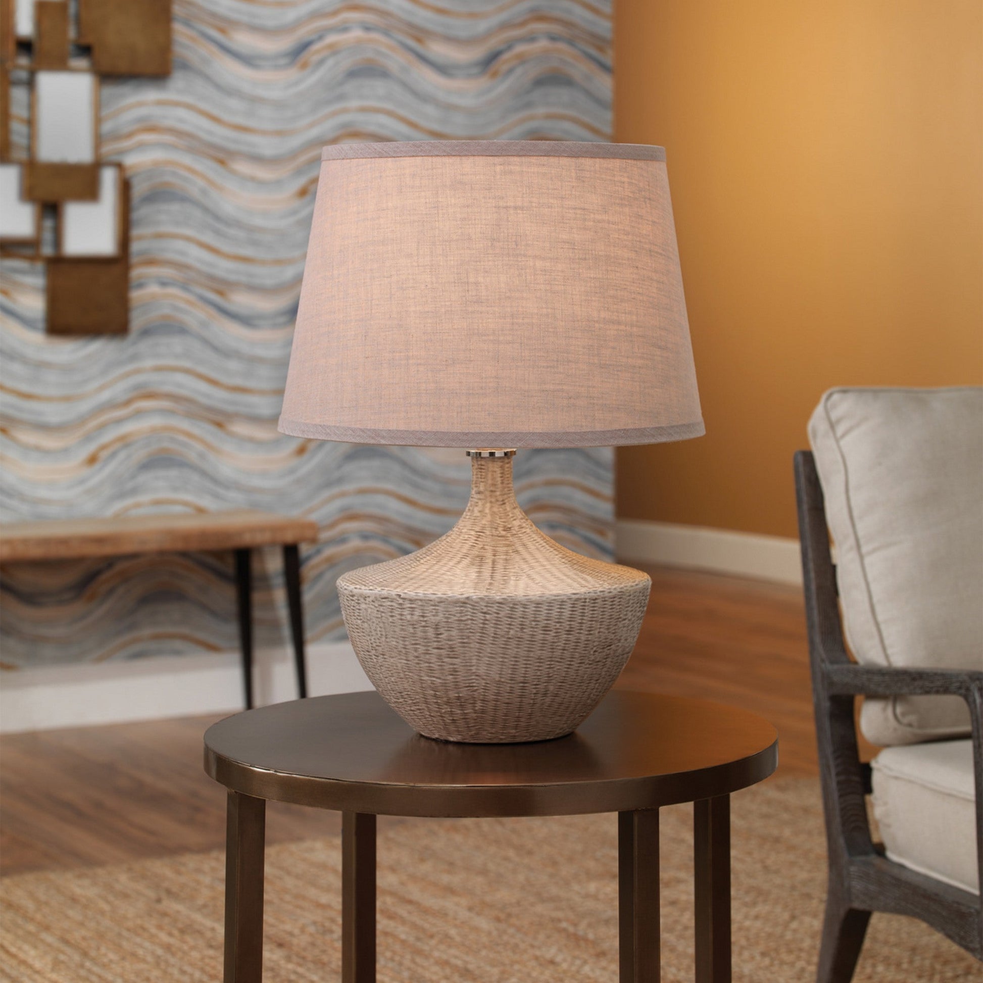 Jamie Young Basketweave 15" x 22" 1-Light Off-White Ceramic Table Lamp With Natural Linen Cone Shade