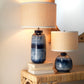 Jamie Young Batik 12" x 18" 1-Light Indigo Blue Ceramic Table Lamp With Off-White Raffia Drum Shade