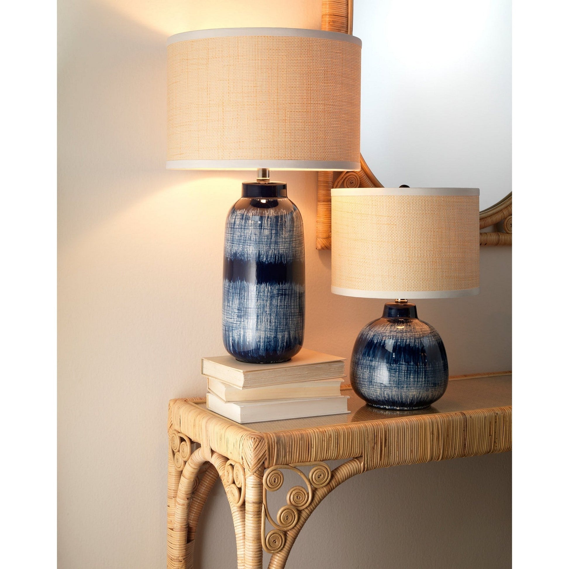 Jamie Young Batik 12" x 18" 1-Light Indigo Blue Ceramic Table Lamp With Off-White Raffia Drum Shade