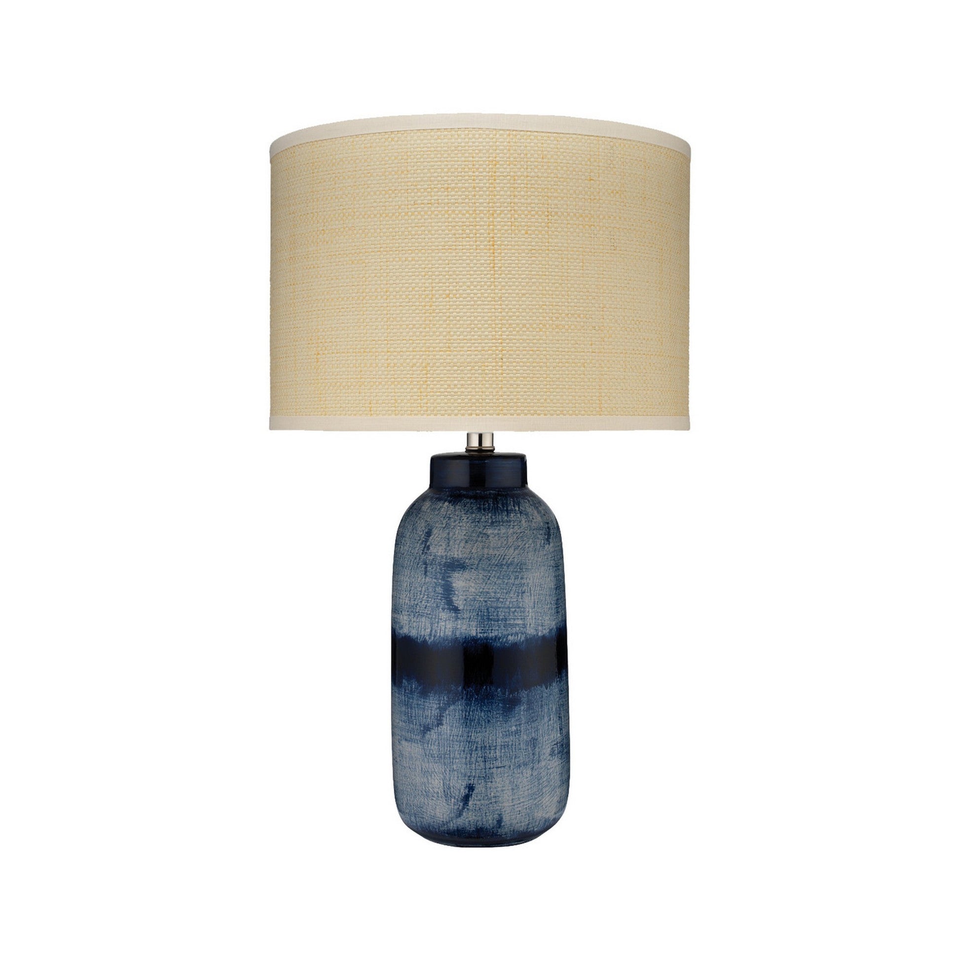 Jamie Young Batik 15" x 25" 1-Light Indigo Blue Ceramic Table Lamp With Off-White Raffia Drum Shade