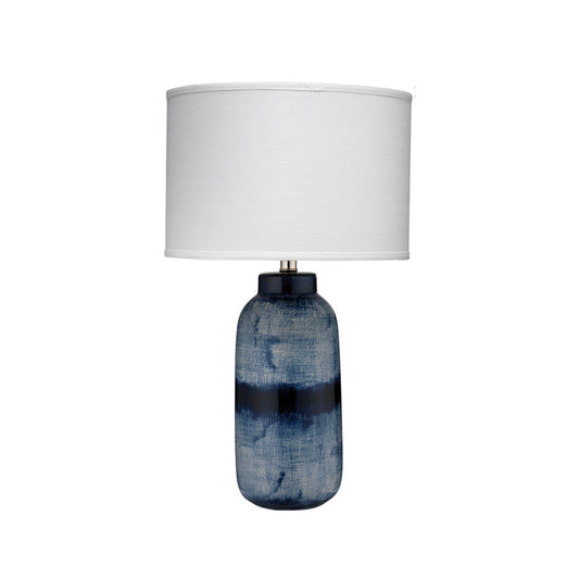 Jamie Young Batik 15" x 25" 1-Light Indigo Blue Ceramic Table Lamp With White Linen Drum Shade