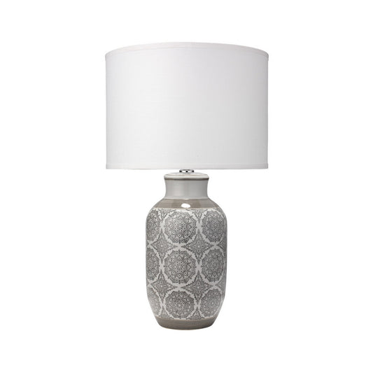Jamie Young Beatrice 17" x 28" 1-Light Gray Patterned Ceramic Table Lamp With White Linen Drum Shade